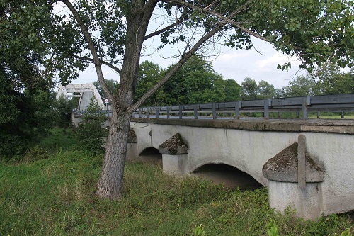 Na snímku inundačního mostu je patrné torkretování betonu z 80. let 20. století, což zapříčinilo postupný vnitřní rozpad hlavního stavebního materiálu mostu – pískovce (foto Jan Juřena, 2008)